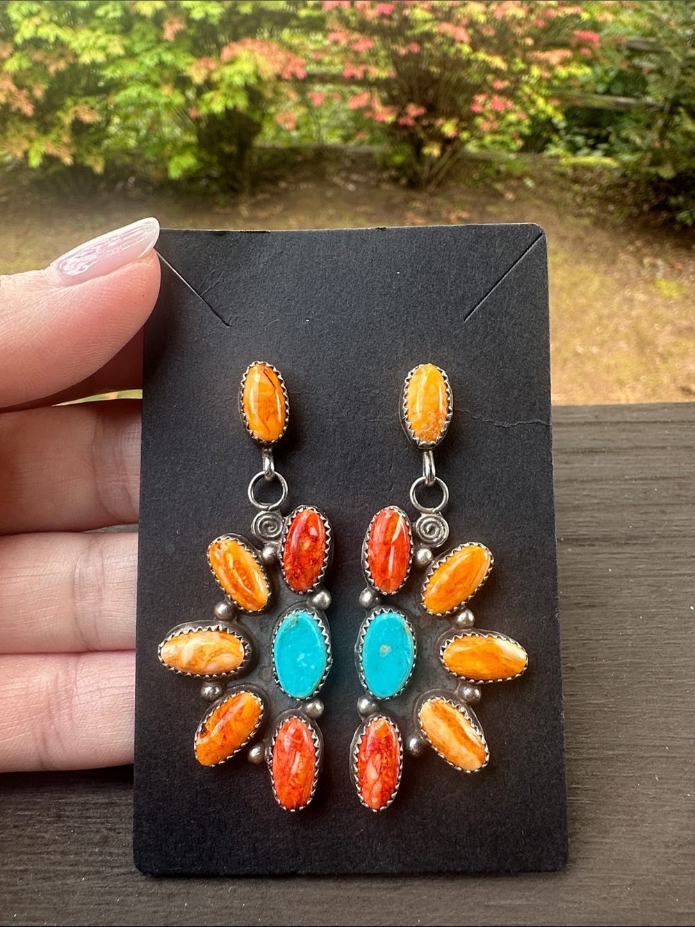Navajo Jacqueline Silver Spiny Oyster & Turquoise Sterling Silver Earrings - Picture 6 of 7